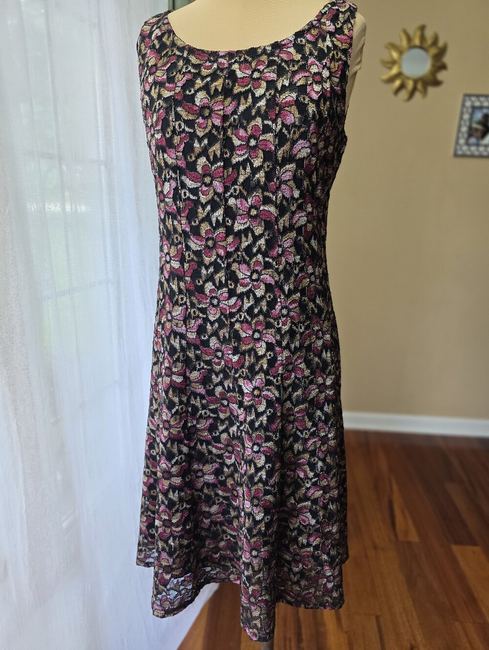 Floral Lace Fit Flare Dress Black Pink Romantic Perceptions New York Womens M